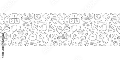 border frame with elemets for newborns hand-drawn in doodle style