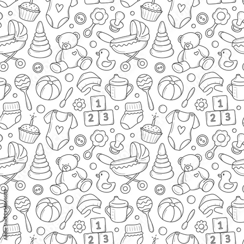 children's pattern with items for newborns hand-drawn in doodle style