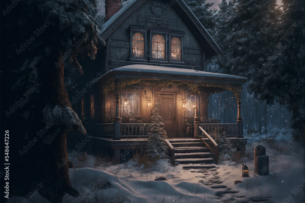 Snowy Lonely Cabin in the Wood, Concept Art, Digital Illustration