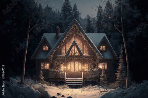 Snowy Lonely Cabin in the Wood, Concept Art, Digital Illustration