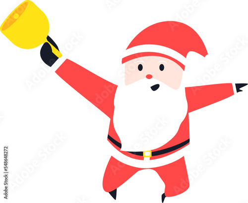 Santa Claus wearing a Santa uniform is standing and carrying a yellow bell 