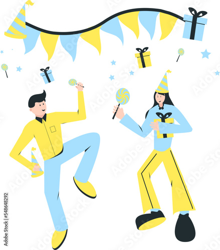 A couple of lovers are celebrating a New Year s party with a yellow and blue theme  complemented by hats  gifts and lollipops 