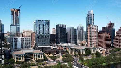 Drone View of Auditorum Shores and Downtown Austin Texas Skyline, USA photo