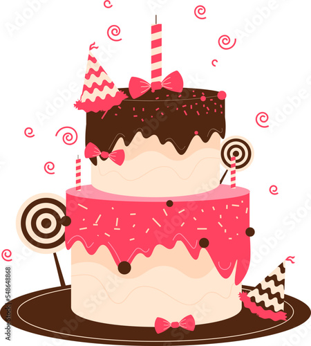 A tall, pink birthday cake topped with chocolate and lollipops complete with candles and ribbons

