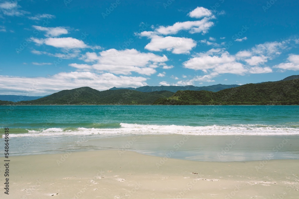 Escape of islands. Natural paradise in the sea of São Sebastião, Brazil. In the background, Juquehi beach and Preta beach.