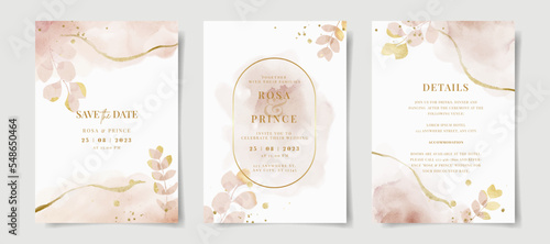 Elegant watercolor and leaves on wedding invitation card template