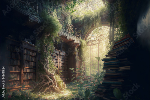 overgrown fantasy library, concept art, digital illustration 
