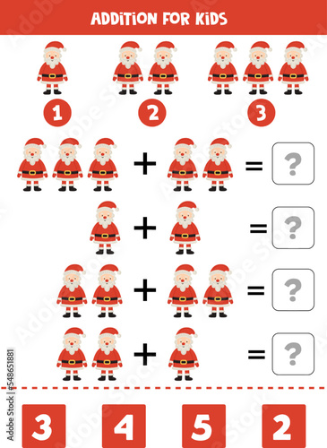 Addition for kids with cute cartoon Santa Claus.