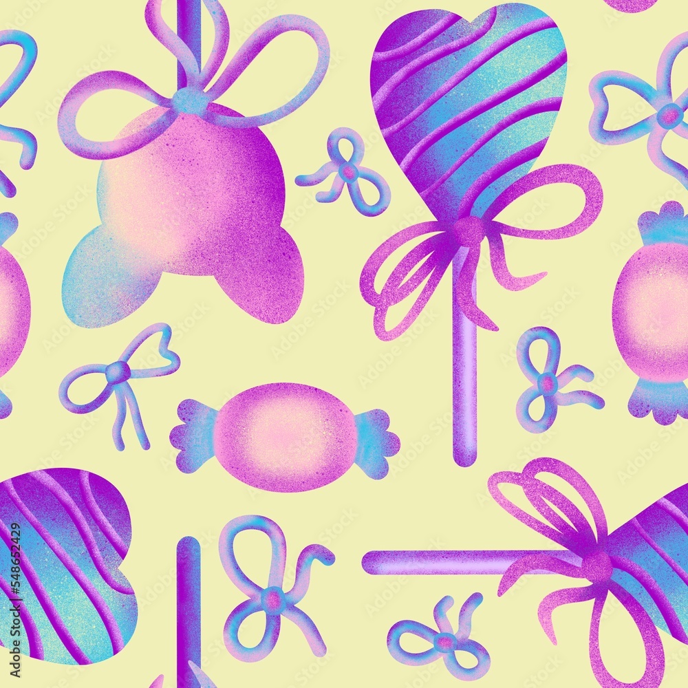 Hand drawn seamless pattern with cupcake pastry bakery baking food. Pastel blue pink purple sweet tasty candy dreamy dessert design, trendy holographic bithday party background. Hand drawn seamless pattern with cupcake pastry bakery baking food. Pastel blue pink purple sweet tasty candy dreamy dessert design, trendy holographic bithday party background.