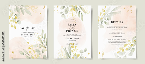 Elegant watercolor and leaves on wedding invitation card template