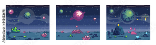 Cosmic scenes set in pixel art. Pixelated location for game or application. Background of space and spaceship. Fantastic landscape with planet, UFO and stars. 8 bit video game. Galactic videogame area