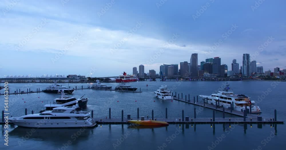 Timelapse Lockdown Of A Marina At Sunset With A Brilliant City Skyline In The Background - Miami, Florida Timelapse Lockdown Of A Marina At Sunset With A Brilliant City Skyline In The Background - Miami, Florida