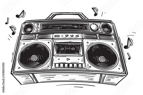 Drawn boom box tape recorder with musical notes