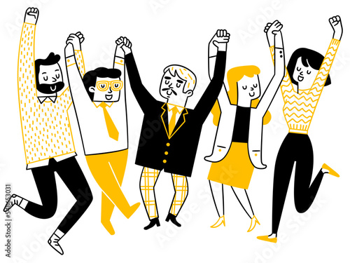 Cute character doodle illustration of business team work holding and raising hands together, happy with success. Outline, thin line art, hand drawn sketch design, simple style.