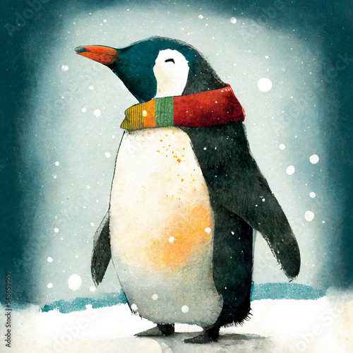 Happy snow penguin with scarf ai