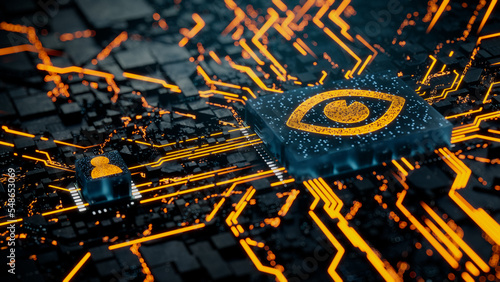 Vision Technology Concept with eye symbol on a Microchip. Orange Neon Data flows between the CPU and the User across a Futuristic Motherboard. 3D render. photo