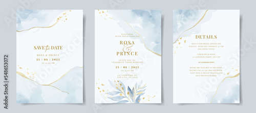 Elegant watercolor and leaves on wedding invitation card template photo