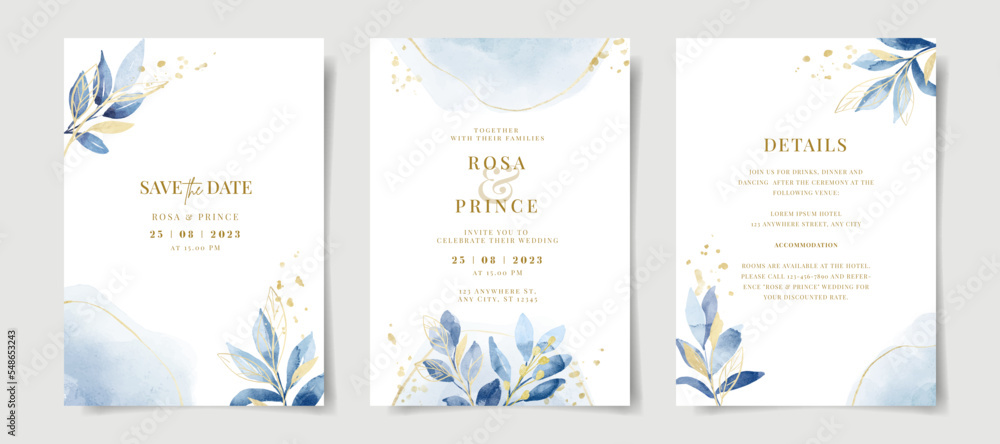Elegant watercolor and leaves on wedding invitation card template