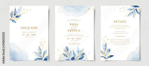 Elegant watercolor and leaves on wedding invitation card template
