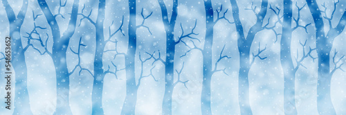 Stylized winter forest, snowy panoramic view, vector illustration