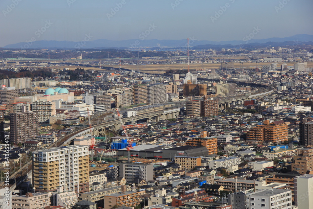 Obraz premium 遠方に山並みが見える都市風景