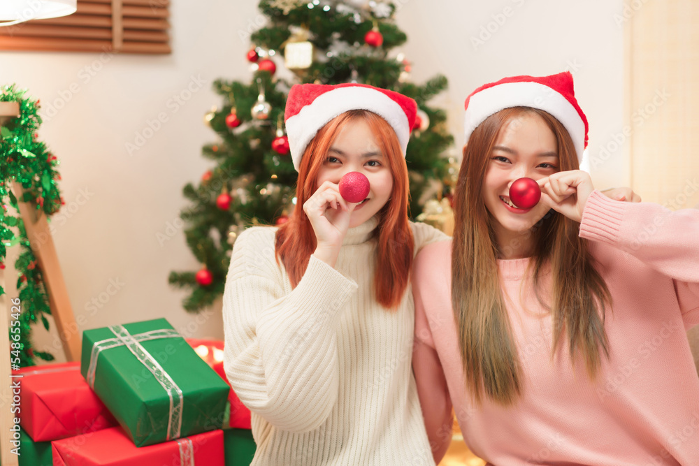 Christmas celebration concept, Two women in santa hat and covering nose with red christmas ball Christmas celebration concept, Two women in santa hat and covering nose with red christmas ball