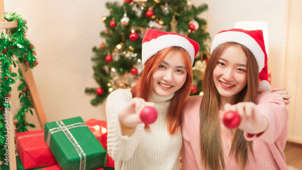 Christmas celebration concept, Two women in santa hat and holding red christmas ball for decoration Christmas celebration concept, Two women in santa hat and holding red christmas ball for decoration