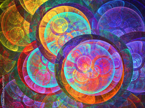 Imagen de arte fractal digital compuesta de anillos negros rellenos de colores llamativos en un todo que simula ser unos conjuntos planetarios luminiscentes intercalados.