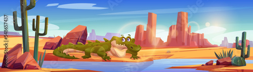 Crocodile in african desert with river, sand, cactuses and mountains. Desert oasis landscape with waterhole and wild reptile animal, vector cartoon illustration
