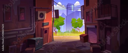 Empty back alley and city street with houses at summer. Town landscape with alleyway between old buildings, trash bins, boxes, park with green trees and blue sky clouds, vector cartoon illustration