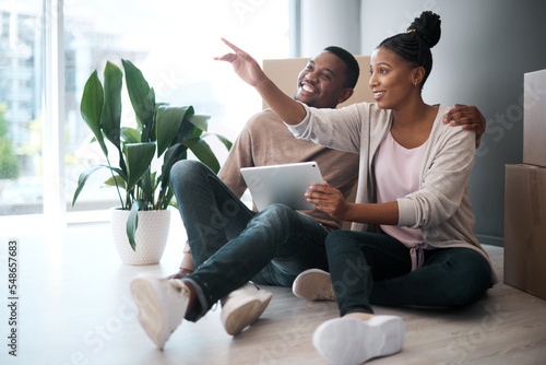 Black couple, tablet and new home or property real estate with boxes, planning home interior and online web search. Homeowners, african man and woman happy in new house or apartment online shopping