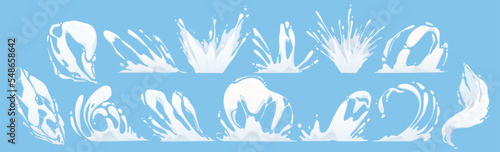 Cartoon set of milk or paint splash isolated on blue background. Vector illustration of white liquid substance pouring on surface with many drops splattering around. Fresh organic dairy food product