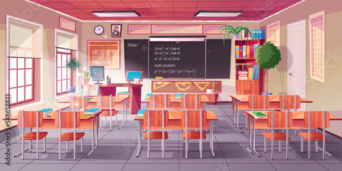 Classroom for math learning interior with teacher and students desks, chalkboard with equations and formulas, bookcase and rulers, vector cartoon illustration © klyaksun