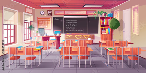 Classroom for math learning interior with teacher and students desks, chalkboard with equations and formulas, bookcase and rulers, vector cartoon illustration