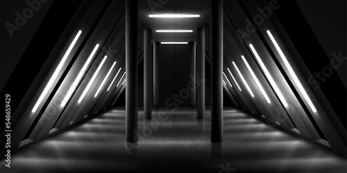Abstract room, black corridor background, museum space 3d render. Empty art gallery, dark exhibition hall interior with lamps on walls and ceiling, pillars and light reflection on floor Vector mock up