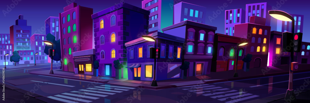 Obraz premium City crossroad at night time, empty transport intersection with zebra crossing, glowing street lamps. Urban architecture, infrastructure, megapolis with modern buildings, Cartoon vector illustration