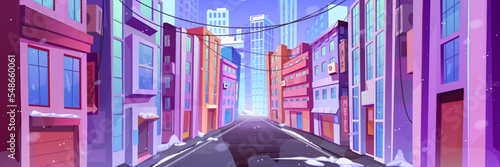 Winter city street with road at day time, empty urban skyline with snow perspective view. Megalopolis architecture buildings, walkway and modern houses, infrastructure Cartoon vector illustration
