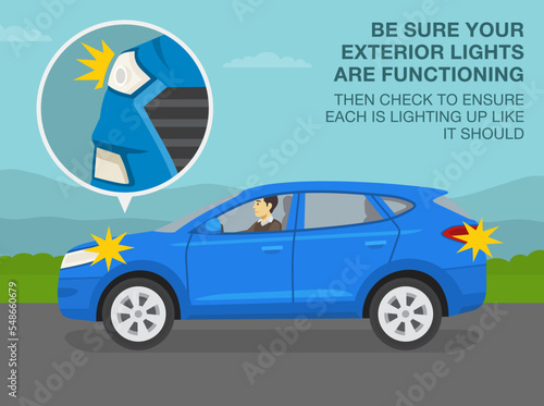 Safe car driving rules and tips. Male driver checking the turn signal. Be sure your exterior lights are functioning, then check to ensure each is lighting up like it should. Flat vector illustration.