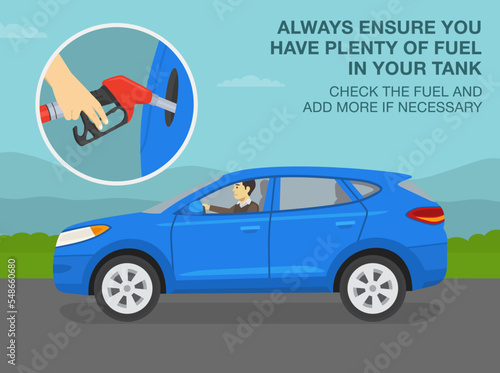 Safe car driving rules and tips. Close-up of filling gasoline station pistol in hand. Always ensure you have plenty of fuel in your tank. Check the fuel and add more if necessary. Flat vector.