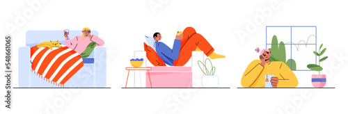 Relaxed people drinking tea and wine, having rest at home. Set of happy flat characters lying on sofa, sitting by window, enjoying hot drink or glass of cocktail. Hygge time. Vector illustration