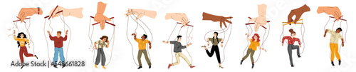 Puppet people controlled by puppeteer hand set on white background. Vector illustration of flat characters with strings tied to arms and legs. Manipulation, abuse, dependence on toxic relationship