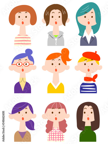 若い女性のイラストセット1　驚いた顔
