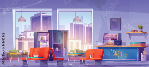 Food court interior, canteen in school or office with fast food. Snack bar with dirty tables, broken chairs, counter, vending machines and window with city view, vector cartoon illustration