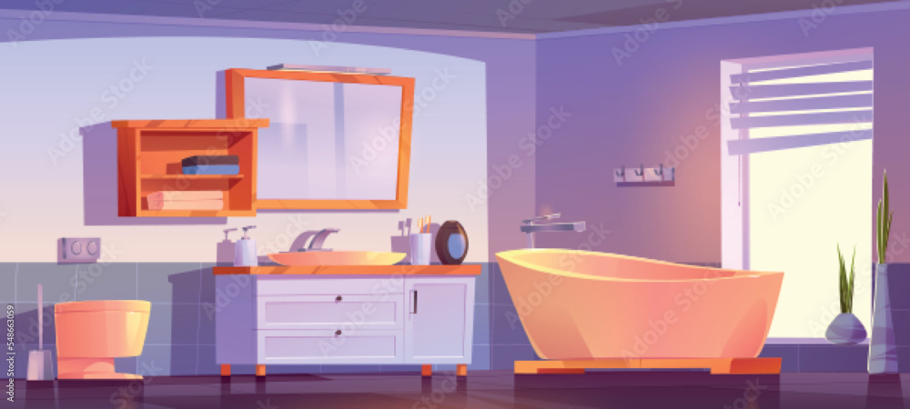 Cartoon bathroom interior design. Vector illustration of bath, toilet ...