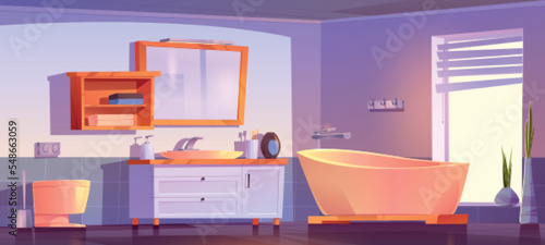 Cartoon bathroom interior design. Vector illustration of bath, toilet, sink, mirror, toothbrushes, soap bottle, towels on shelf in clean room with large window and flower pot. Home comfort and hygiene