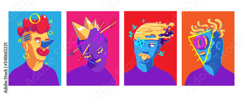 Abstract portraits in trendy contemporary style. Creative modern art posters with people faces with crazy design and geometric shapes on colored background, vector collection