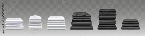 Clean white and black clothes stacks, folded shirts, sweaters and pants isolated on transparent background. Stacks of garment after laundry, washed and ironed apparel, vector realistic illustration