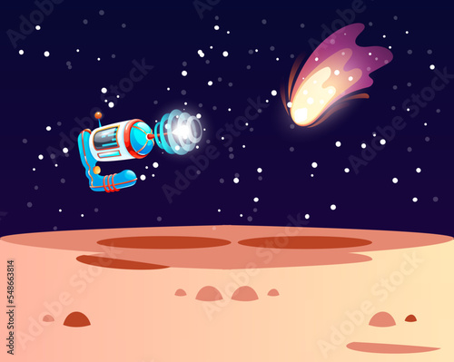 Cosmic alien planet landscape with mountains, rocks and other objects in orbit. Fantasy illustration of cosmos with stars shine in space. Extraterrestrial computer game backdrop with spaceship
