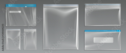 Plastic ziplock bags, empty zip pouches. Isolated waterproof disposable blank polythene packages or envelopes mock up on transparent background, Realistic 3d vector illustration, clip art, set photo