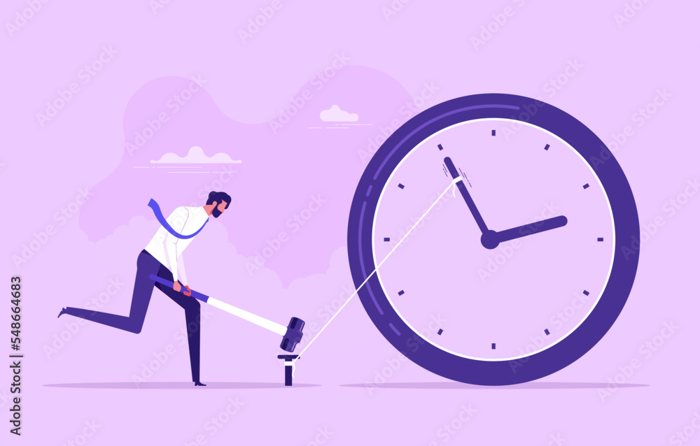 Man holding a hammer in hand drives a nail to stop time. Creative deadline solution. Time management, control business time or work deadline concept Man holding a hammer in hand drives a nail to stop time. Creative deadline solution. Time management, control business time or work deadline concept